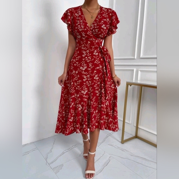 NEW Boho Floral Flutter Wrap Dress Burgundy Red - Picture 7 of 9